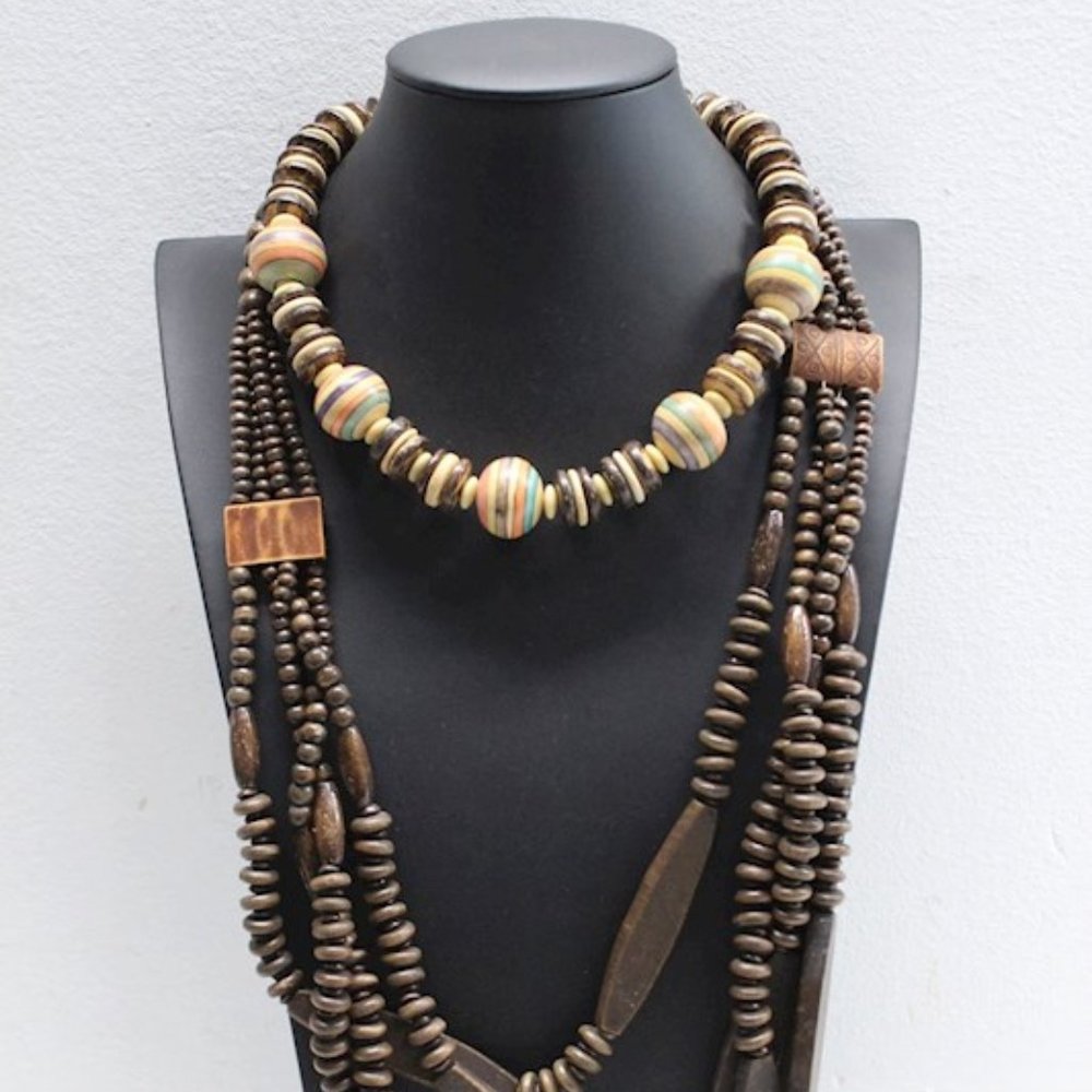 African Wooden Bead Two Necklaces